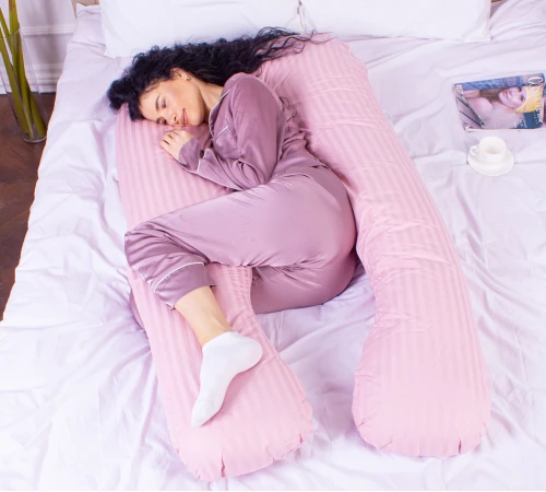 Подушка для вагітних та відпочинку U-подібна № 8026 Satin Stripe "Pink" EcoSilk страйп-сатин