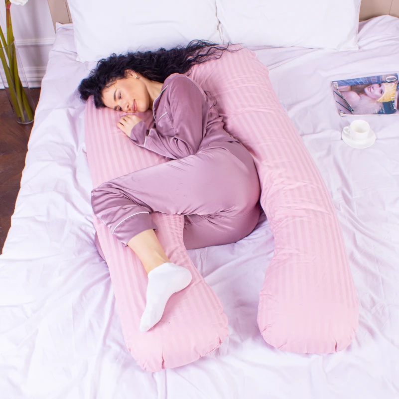Подушка для беременных и отдыха U-образная № 8026 Satin Stripe "Pink" EcoSilk страйп-сатин