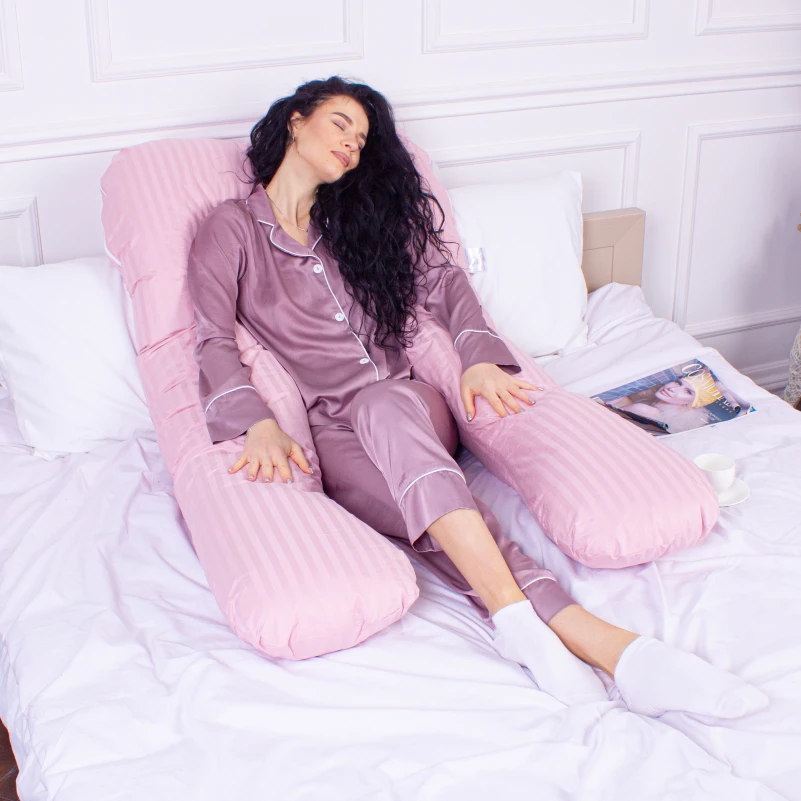 Подушка для беременных и отдыха U-образная № 8026 Satin Stripe "Pink" EcoSilk страйп-сатин - 7