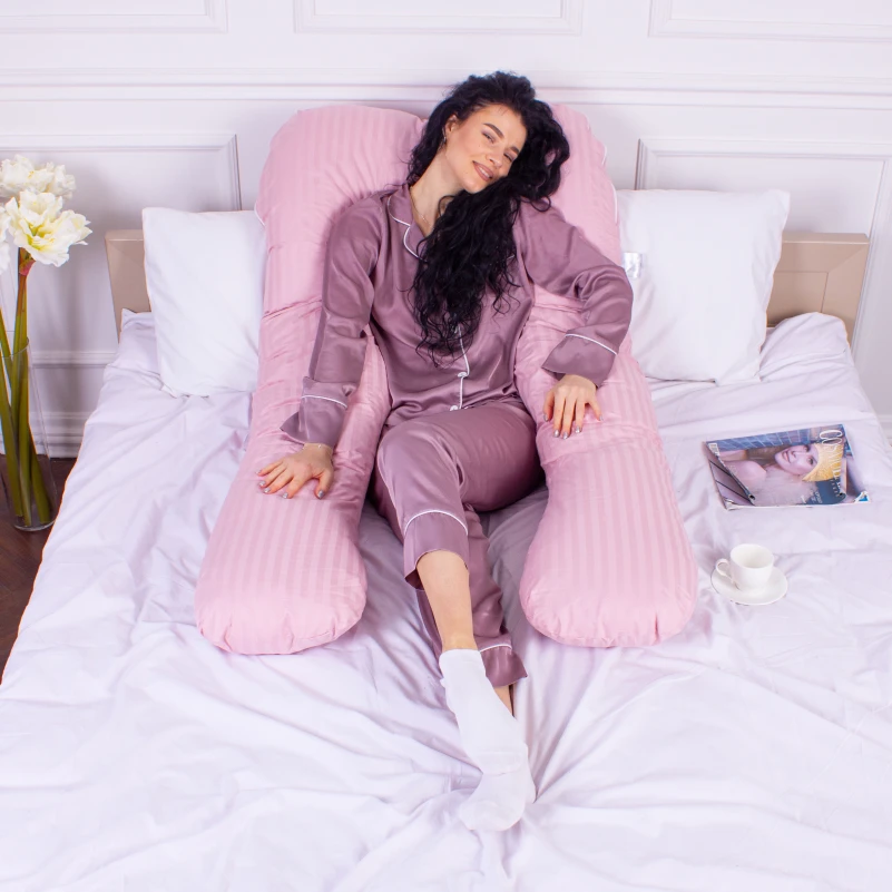 Подушка для беременных и отдыха U-образная № 8026 Satin Stripe "Pink" EcoSilk страйп-сатин - 6
