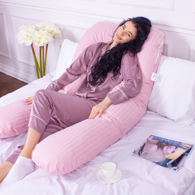 Подушка для беременных и отдыха U-образная № 8026 Satin Stripe "Pink" EcoSilk страйп-сатин - 11