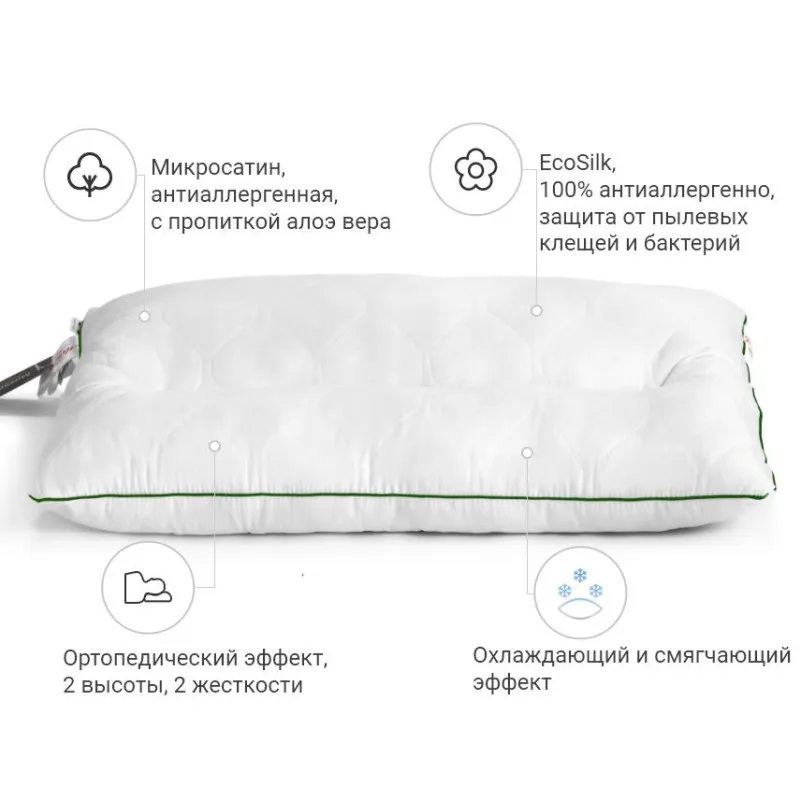 Подушка ортопедическая Premium Eco Aloe Vera №147 EcoSilk микросатин (средняя) - 1